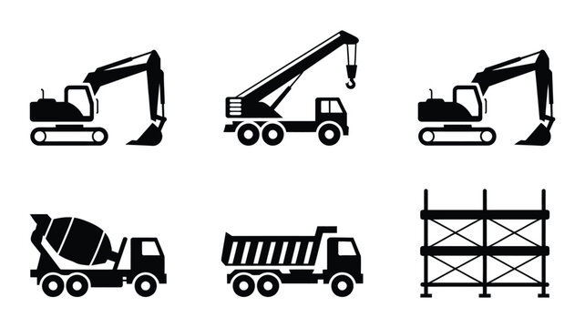 construction machinery icon set, excavator crane cement mixer dump truck and scaffolding symbols, industrial building and engineering equipment concept, simple flat vector design collection.
