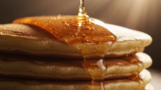 Golden syrup pouring over stack of fluffy pancakes with soft texture warm light creating cozy morning breakfast scene featuring sweet honey glaze dripping down sides for delicious dessert close up