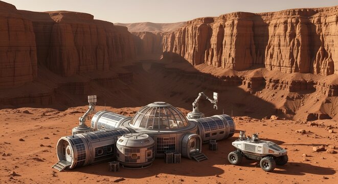 Mars base habitat rendering with robotic arm and rover in canyon landscape