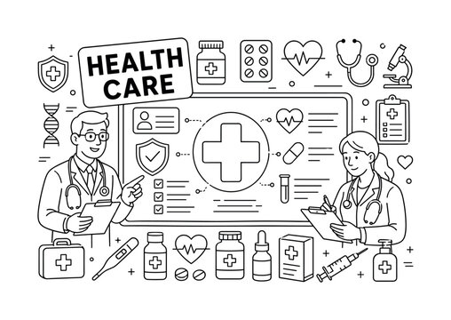 Medicine Healthcare Care. Clean outline line art banner with one wide medical care scene, two clinicians beside oversized medical cross and giant healthcare board, small details doctor, medicine