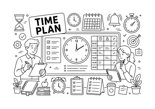 Time Clock Schedule. Clean outline line art banner with one wide time management scene, two planners beside oversized clock and giant schedule board, small details stopwatch, calendar, alarm bell,