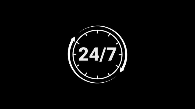 White round the clock service clock icon loop animation on black background 4k