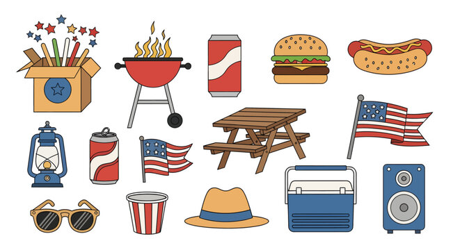 Holiday Fourth of July American Independence BBQ Party Fireworks Hot Dog Picnic PicnicTable Flags Sunglasses Hats Beverages Lantern Camera