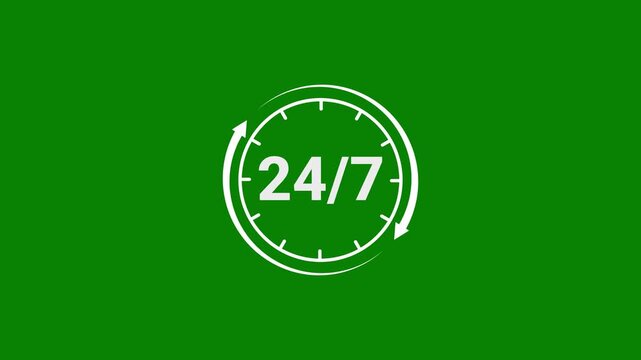 White round the clock service clock icon loop animation on green background 4k