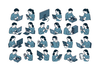 Fototapeta premium Device Icon Collection collection of digital illustrations NOT icons NOT symbols, 12?20 character-driven small scenes of people setting up laptops, checking smartphones, using tablets, arranging
