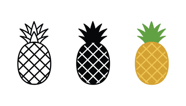 Tropical pineapple fruit icon set with linear black silhouette and vibrant flat color design for healthy eating and summer themed graphics