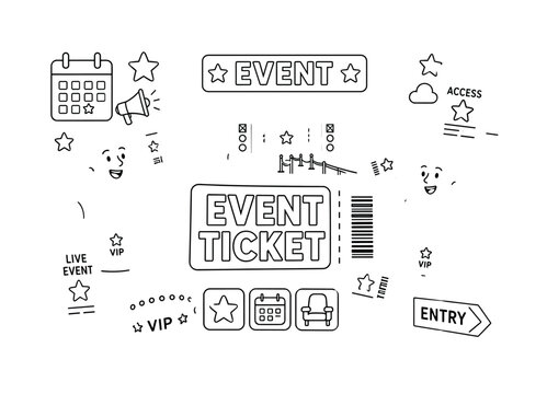 Ticket Event Pass. Clean outline line art banner with one wide ticket event scene, two attendees beside oversized ticket and giant event gate, small details barcode, calendar, seat, star, wristband