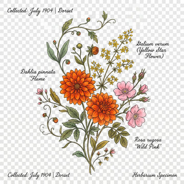 Colorful Wildflowers Desert Botanical Specimen Illustration.