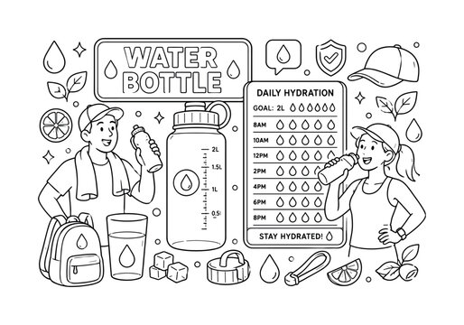 Water Bottle Hydration. Clean outline line art banner with one wide hydration scene, two people beside oversized water bottle and giant daily hydration tracker, small details glass, water drop, sports