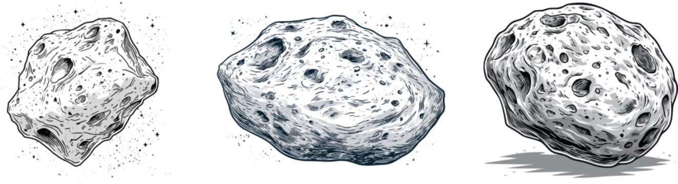 A lone, irregular space asteroid floats in the void of black-and-white vector art, its textured surface dotted with stars against a solid white background