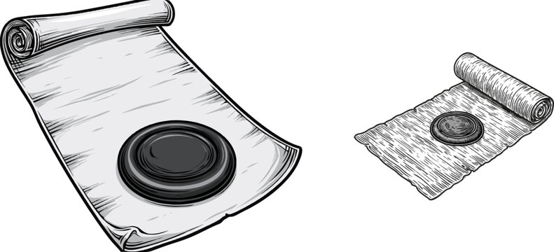 An ancient black-and-white vector illustration of an unrolled papyrus scroll sealed with a thick round wax stamp, minimalist in style against a solid white background