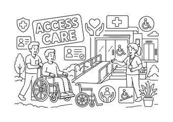 Obraz premium Wheelchair Patient Access. Clean outline line art banner with one wide accessibility care scene, two caregivers beside oversized wheelchair and giant accessible clinic entrance, small details ramp,