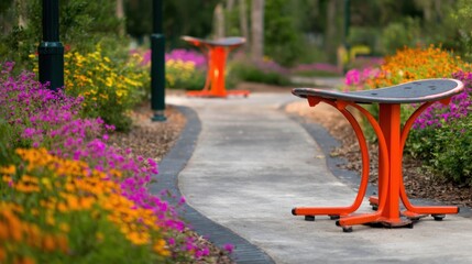 Fototapeta premium Balance training stations placed along a winding outdoor path emphasizing stability exercises with a vibrant but outoffocus garden backdrop.