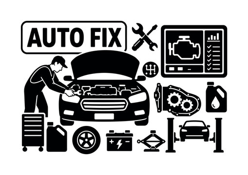 Auto Repair Service. Banner design, clean solid filled composition showing oversized car and giant diagnostic engine screen, one mechanic repairing vehicle near edges, small details of wrench,
