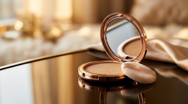 Open face powder compact with mirror and applicator puff for makeup on a dark reflective surface table. poudres