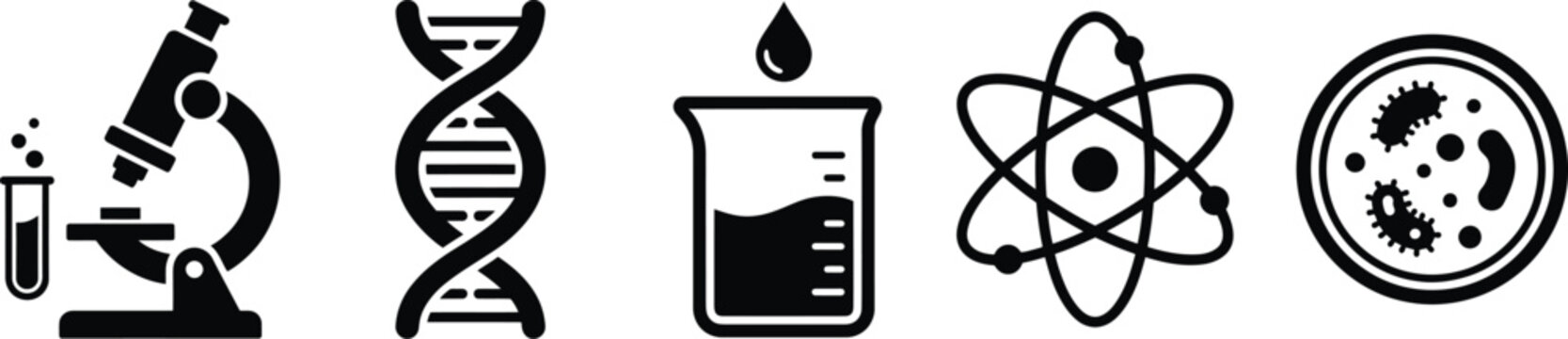 Black and white science icons set including microscope, dna, beaker, atom and petri dish