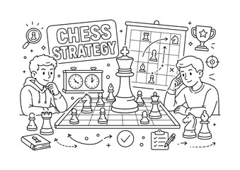 Obraz premium Chess Strategy Game. Clean outline line art banner with one wide chess competition scene, two players beside oversized chess king and giant strategy board, small details pawn, rook, clock, trophy,
