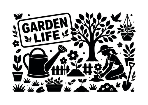 Garden Plant Nature. Banner design, clean solid filled composition showing oversized watering can and giant garden tree, one gardener planting flowers near edges, small details of grass, fence,
