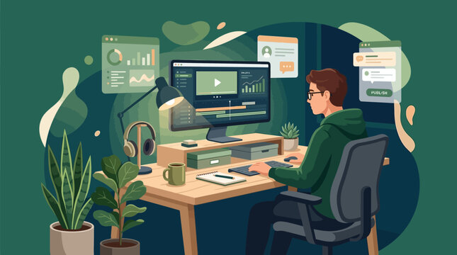Man working on computer at desk with plants.