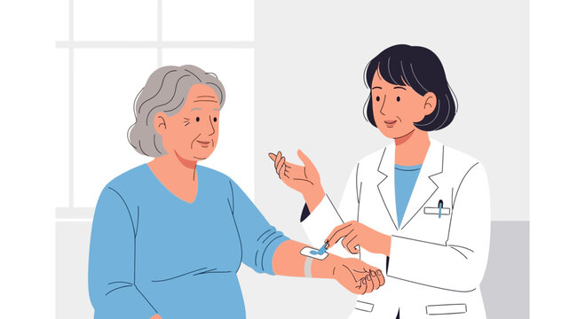 Doctor examining elderly woman's arm with wound dressing in examination room.