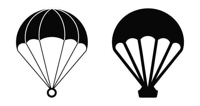four black and white parachute icon set, descending parachutes vector collection, sports adventure travel concept, clean minimal illustration isolated on transparent background.