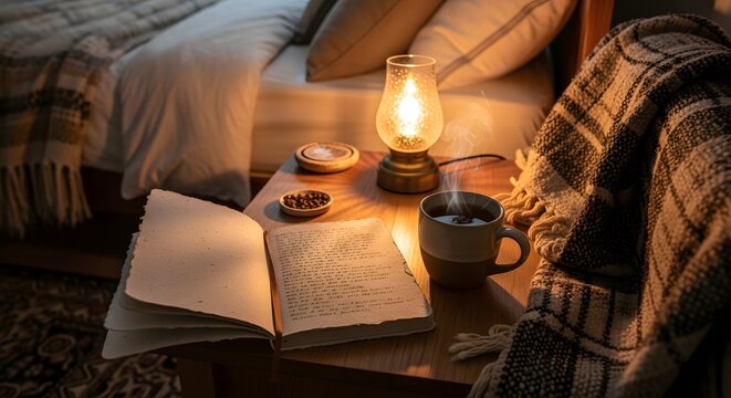 Coffee mug steams next to an open notebook on a bedside table illuminated by a warm glowing vintage lantern.