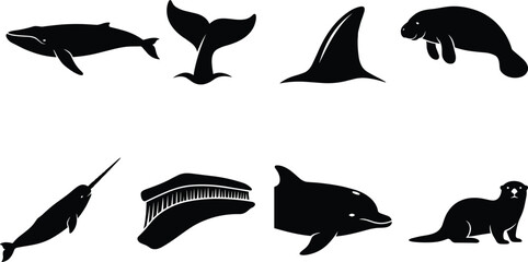 Collection of marine mammal black silhouettes including whale dolphin manatee sea otter and narwhal isolated on white background © Sirajul