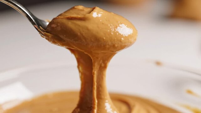 Creamy peanut butter dripping from spoon with smooth, thick, spreadable texture and rich golden brown color in close up, perfect for cooking or snacking with smooth, thick consistency close up