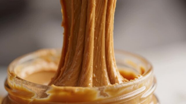 Creamy smooth peanut butter jar close up spread food snack texture rich natural organic healthy protein energy breakfast meal tasty fresh homemade thick brown spoon delicious nut dairy free