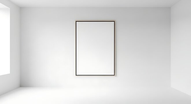 Empty white room with blank framed picture mockup for display