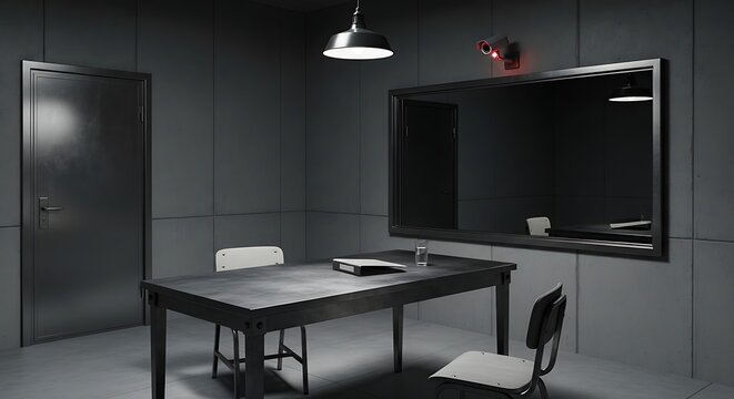 Empty interrogation room with table chairs and one way mirror