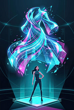 Illustration Of A Woman Looking Up At A Holographic Neon Dress