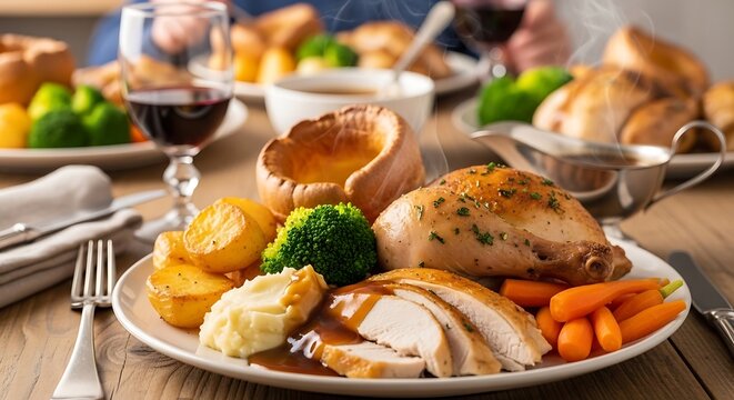 Hearty roast chicken dinner platter with vegetables and gravy