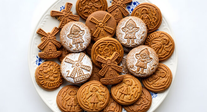 Heap of speculaas or speculoos, spice flavored biscuits with powder sugar topping. Classic snack from Belgium and Netherlands served on white and blue traditional plate, taken in top down angle