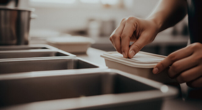 Professional chef hands closing a meal prep container in a commercial kitchen representing food delivery service quality.