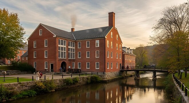 Historic brick building beside calm water and bridge at sunset