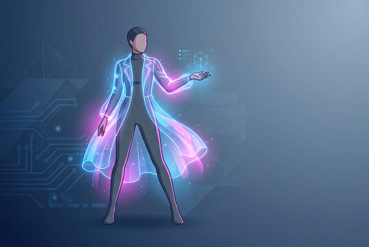 Illustration of an Avatar Wearing a Glowing Neon Coat with a Hologram