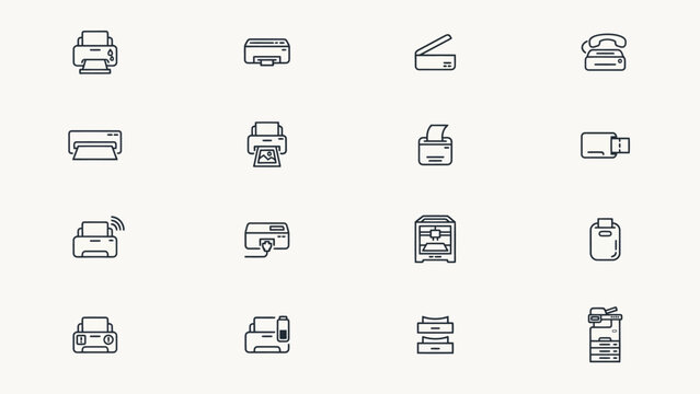 Set of sixteen different office printer and scanner icons in simple line art style . Editable stroke.