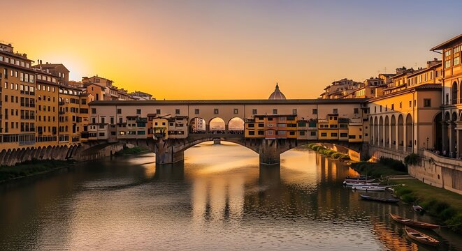 Historic bridge over calm water at golden hour sunset