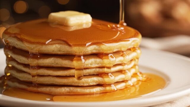 Golden pancake stack with melting butter and syrup pouring down on white plate, creating warm sweet breakfast food scene with fluffy delicious golden syrup drizzle topping meal plate