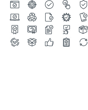 Set of line art checkmark icons for business, task completion, approval, quality assurance, and user interface design