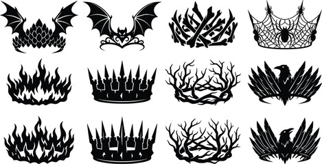 Gothic fantasy crown silhouette icon set featuring evil queen tiaras with bats bones spiderwebs fire spikes thorns and ravens © Sirajul