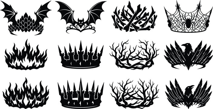 Gothic fantasy crown silhouette icon set featuring evil queen tiaras with bats bones spiderwebs fire spikes thorns and ravens