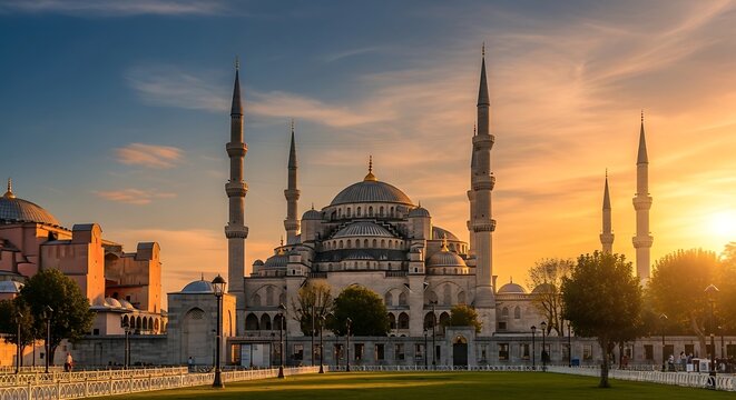 Historic mosque architecture at sunset with golden hour lighting and sky