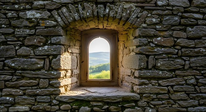 Historic stone arch window framing lush green landscape view