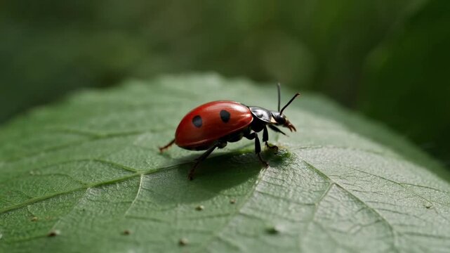 The video features a close up view of a red ladybug with black spots moving across a textured green leaf