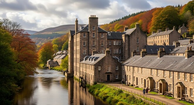 Historic stone village with river and autumn forest hillside scenery
