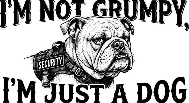 grumpy dog, bulldog illustration, security dog, funny bulldog, i'm just a dog, black and white bulldog, sarcastic dog art, dog with vest, grumpy bulldog, hand drawn outline engraving vector illustrati