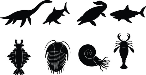 Prehistoric marine life silhouette icon set featuring dinosaur reptiles ammonite trilobite and ancient sea monsters silhouettes © Sirajul