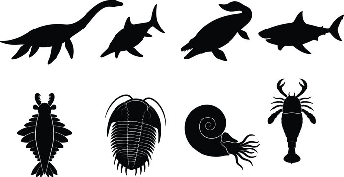 Prehistoric marine life silhouette icon set featuring dinosaur reptiles ammonite trilobite and ancient sea monsters silhouettes